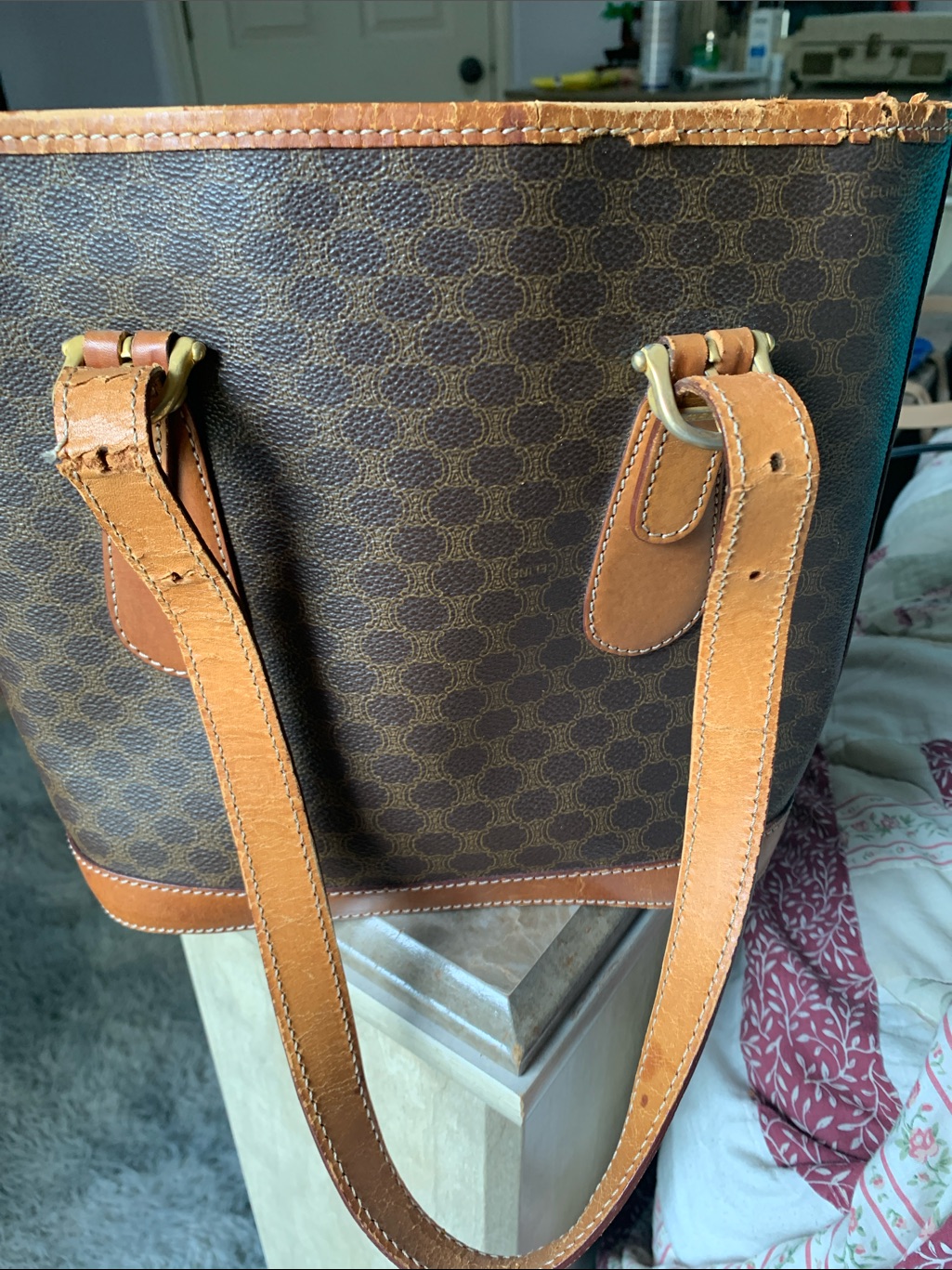 Celine Brown Monogram Tote With Tan Leather Trim